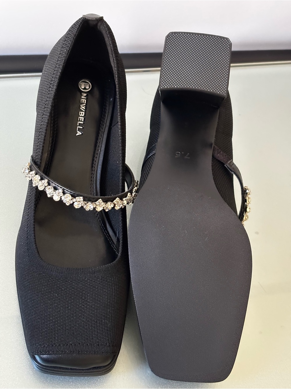 NEWBELLA Black Mary Jane Block Heel with Crystal - Picture 3 of 6